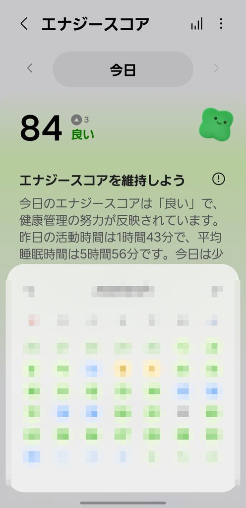 サムスンヘルスのエナジースコア月別カレンダー画面。同じ育休期間でも、日付部分はモザイク処理済みだが、緑系の高めのスコアが並んでいるのが分かる