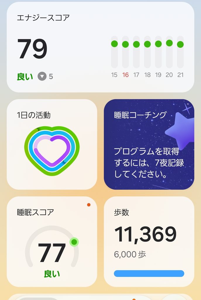 サムスンヘルスのスマホアプリ画面。エナジースコア79・週間の推移グラフ、1日の活動リング、睡眠コーチングの案内、睡眠スコア77、歩数11,369歩が表示されている