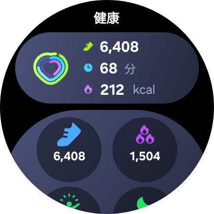 Galaxy Watchの健康タイル。歩数6,408歩、活動時間68分、消費カロリー212kcal(直近)と、歩数6,408・総消費カロリー1,504kcalが表示されている