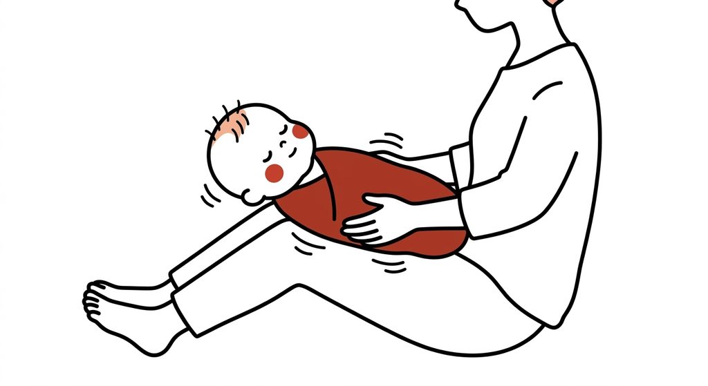両膝を立てて座り、太ももの上に赤ちゃんを仰向けに乗せて左右にゆらゆら揺らしてあやす様子のイラスト
